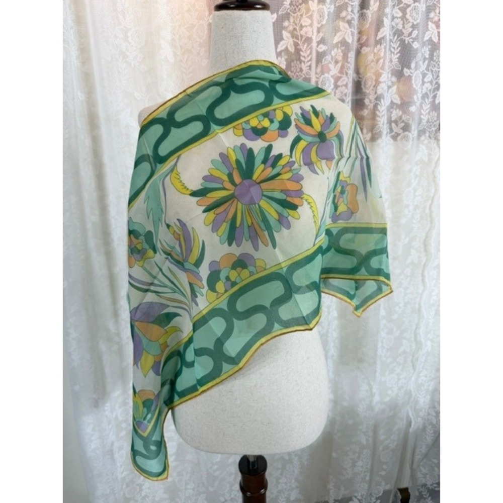 Vintage Sally Gee Floral Scarf Green Psychedelic Mod Square Japan RN25497